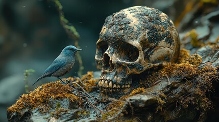 Small Blue Bird Perched on Mossy Rock Near Decaying Skull in Dark, Moody Forest Setting