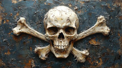 Intricate 3D Skull and Crossbones Painting Dark Textured Background Spooky Halloween Pirate Jolly Roger Flag Art