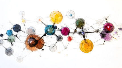 of a molecular structure made of geometric shapes, with atoms represented by spheres, interconnected by light beams, on a white background 