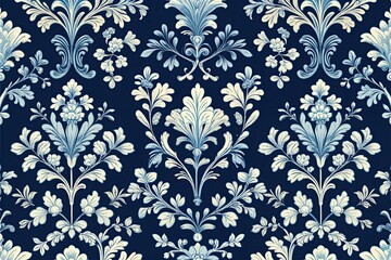 Vintage Blue Damask Background with Botanical Patterns in Rococo Style Vector Art