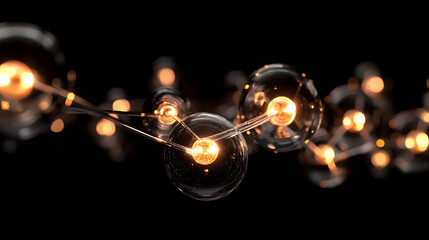 of a molecular structure with transparent spheres representing atoms, connected by glowing lines representing bonds, on a black background 