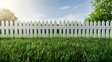 A white picket fence with a blue sky in the background