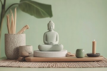 Buddha statue, incense, and candle on a tray in a calming wellness scene