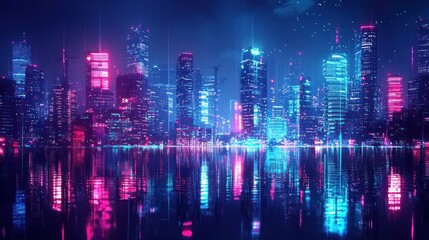 Obraz premium Neon Cityscape Reflection: A Futuristic Metropolis at Night