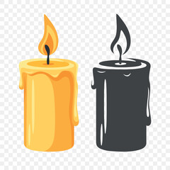 Flat Color and Silhouette Monochrome Candle Icon Set. Burning Candle Fire Icons. Christmas Holiday Decoration. Candle Animation Design Elements, Isolated