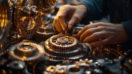 close-up shot showcases intricate gears being meticulously assembled by skilled hands highlighting precision engineering and mechanical artistry