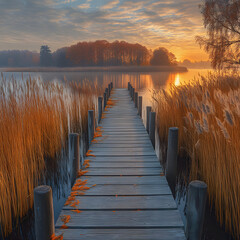 Obraz premium Beautiful Sunset Over a Winding Boardwalk in Nature, Serene Boardwalk at Sunset Over Tranquil Marshlands Scenic Nature Landscape. 