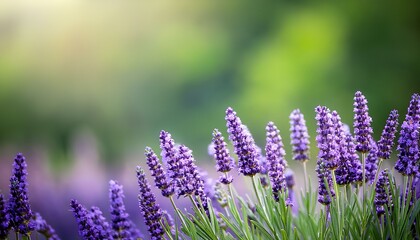 Obraz premium lavender flowers in the garden with green bokeh background. copy space image.
