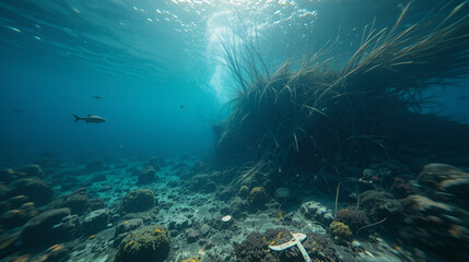 20. An underwater scene with toxic waste and pollution affecting marine life