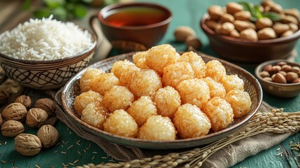 Golden Sweet Rice Balls Close Up Shot with Nuts and Rice Bowl, Delicious Traditional Dessert Food Photography