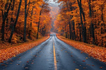 Fototapeta premium Autumn road through colorful forest on a misty day