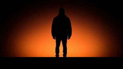 Fototapeta premium Silhouette of a Hooded Figure Against a Vibrant Orange Sunset Background in Dark Surroundings