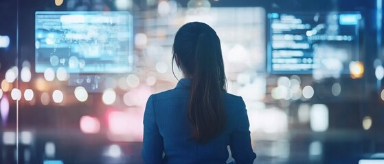 Professional businesswoman looking at futuristic holographic interface and city night view