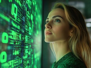 Woman looking at a digital screen with green binary code