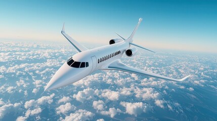 Fototapeta premium Nextgen commercial jetliner flying above the clouds, sleek aerodynamic design, reflecting advancements in sustainable aerospace technology