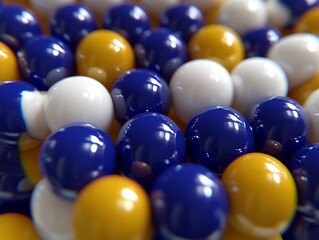 Glossy spheres, blue, white, gold, close-up