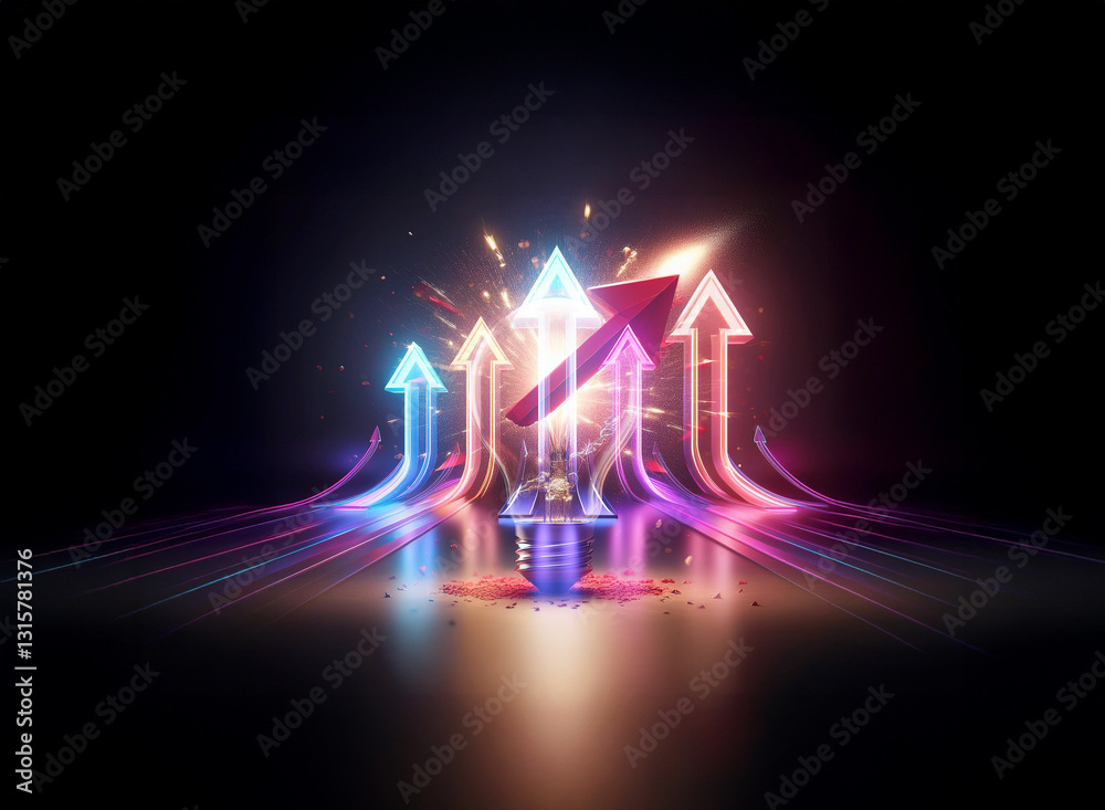 Wall mural glowing arrows ascend with vibrant light trails against a dark backdrop, creating a dynamic upward m