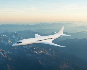 Naklejka premium Futuristic supersonic jetliner in a sleek design, flying above mountain ranges, advanced engineering and hightech luxury