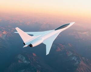 Fototapeta premium Futuristic supersonic jetliner in a sleek design, flying above mountain ranges, advanced engineering and hightech luxury