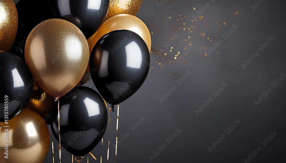 Poster black and gold balloons on a dark background with copy space to add text and design. sparkling elega