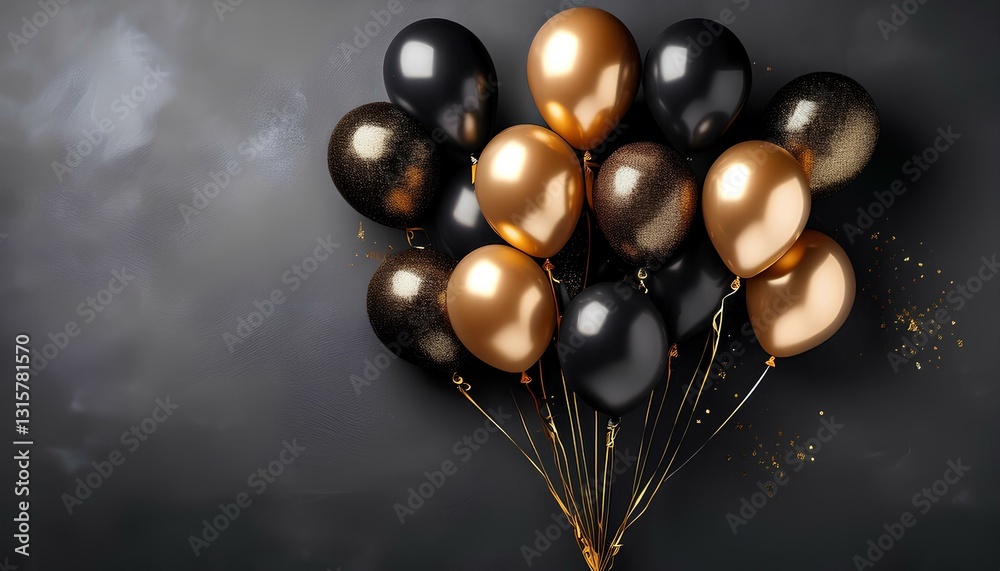 Poster black and gold balloons on a dark background with copy space to add text and design. sparkling elega