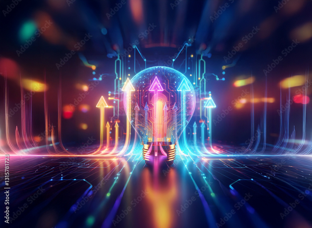 Wall mural abstract double exposure of vibrant glowing arrows and circuit lines converge on a central sphere, c
