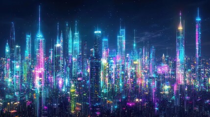 Fototapeta premium Neon Cityscape: A Futuristic Metropolis at Night