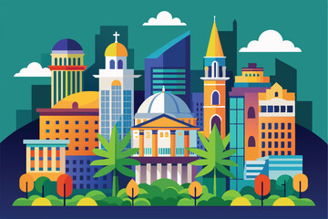 Vibrant illustration depicting notable Sao Paulo buildings surrounded by lush palm trees and clouds, Sao paulo Customizable Semi Flat Illustration