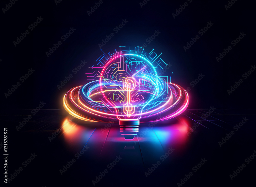 Sticker neon light bulb with a circuit pattern and vibrant rings creates a double exposure effect on a dark 