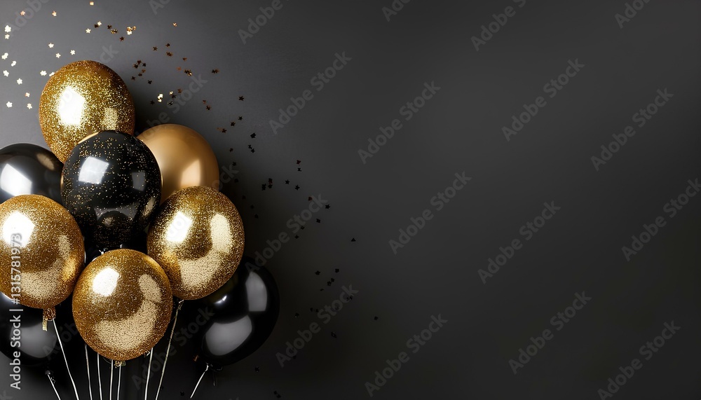 Poster black and gold balloons on a dark background with copy space to add text and design.