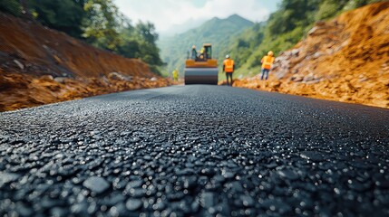 Road Construction Crew Asphalt Paving New Highway Mountainous Terrain Workers Operating Roller Compactor Freshly Laid Asphalt