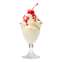 Delicious vanilla ice cream sundae with cherry topping Isolated on transparent background