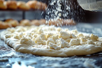 A close-up of a person's hands kneading dough with flour, preparing to bake a selection of pizza, cake, and donut shapes on a wooden countertop.