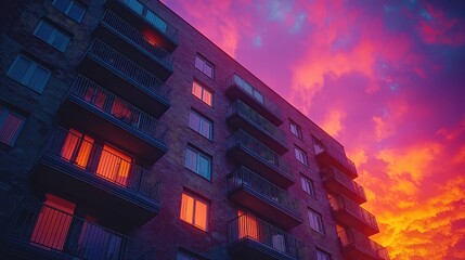 Modern Apartment Building at Vibrant Sunset with Warm Hues Illuminating Balconies and Windows