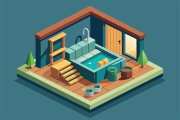 Fototapeta premium Explore a customizable sauna design showcasing a cozy interior with modern features and greenery outside, Sauna Customizable Isometric Illustration