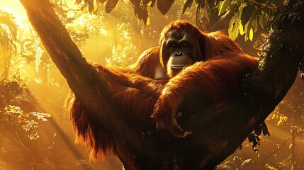 Obraz premium Jungle Giants massive orangutan resting on a tree branch golden sunlight piercing through the thick Borneo rainforest