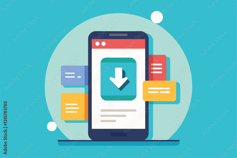 Poster a user is actively saving files to a mobile device, with colorful notification bubbles appearing aro