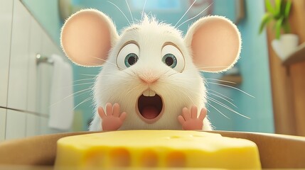 Animated Mouse Staring at Cheese in Bathroom