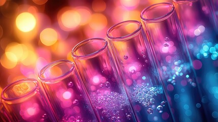 Vibrant Colorful Test Tubes Filled with Glowing Liquids and Bubbles in a Science Lab Setting, Abstract Background with Bokeh Lights
