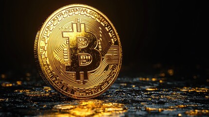 Close-up Shot of a Glowing Gold Bitcoin Cryptocurrency Coin on a Dark Background with Scattered Specks of Light, Representing Digital Currency and Decentralized Finance