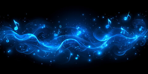 Energetic Blue Music Background &ndash; Flowing Musical Notes in Vibrant Neon Design