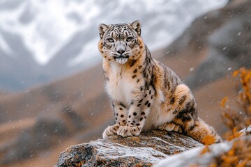 Fototapeta premium Snow leopard sits on rock in snowy mountains