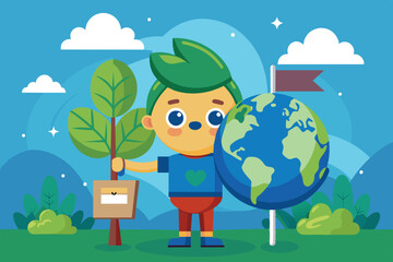 Naklejka premium A vibrant cartoon character with green hair holds a tree, promoting eco-friendliness and conservation, Save the earth Customizable Cartoon Illustration