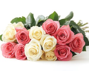 Obraz premium Pink and white roses bouquet, white background