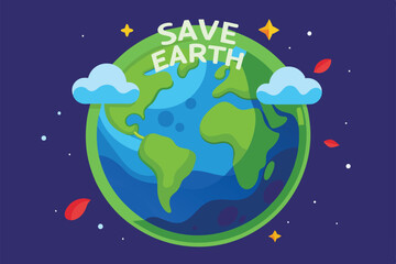 A vibrant illustration showcases a globe surrounded by clouds and stars, emphasizing the message of Earth conservation, Save the earth Customizable Flat Illustration