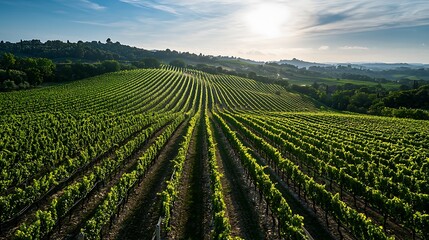 Scenic Vineyard Landscape at Sunset with Lush Green Grapevines and Rolling Hills
