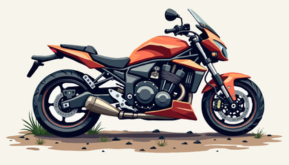Obraz premium Vector illustration of a stylish orange motorcycle parked on dirt with grass