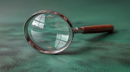Magnifying Glass on Green Textured Surface Close-up Detailed View of Vintage Magnifier with Wooden Handle Investigating Examining Researching Exploration Discovery
