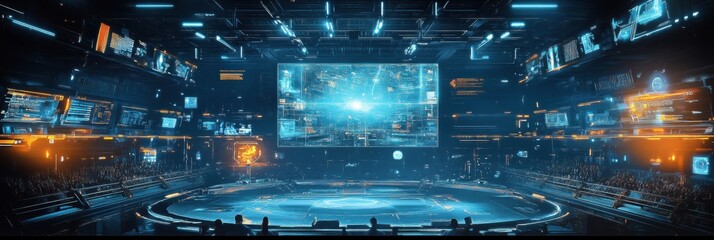 Virtual arena filled with avatars engaged in intense digital battles and tournaments showcasing futuristic technology. Generative AI