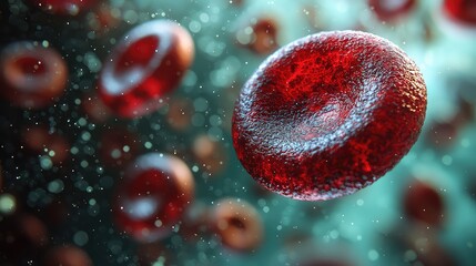 Microscopic View of Red Blood Cells Flowing in Bloodstream, Detailed 3D Render of Human Erythrocytes in Motion, Vivid Red and Teal Color Palette